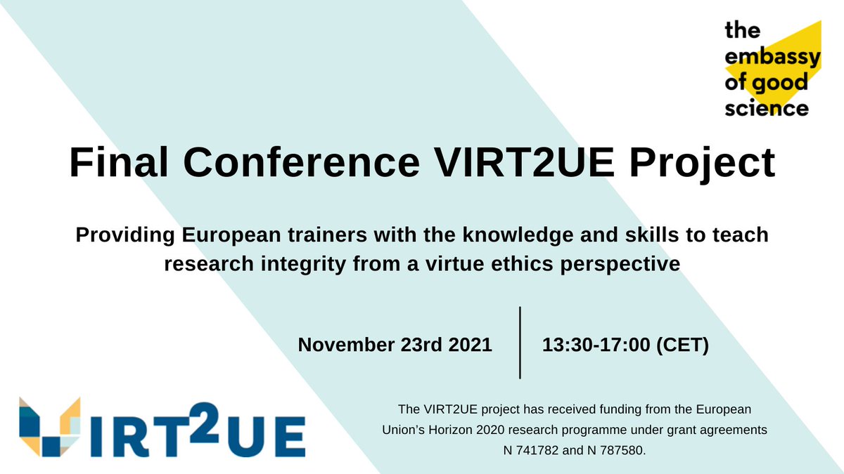 The #VIRT2UE project provides trainers with the knowledge and skills to conduct a #ResearchIntegrity course from a virtue ethics perspective. <a href="/EU_H2020/">Horizon 2020</a> How can your institution or research benefit from this project? Find out during the final conference: bit.ly/3AXdfrF