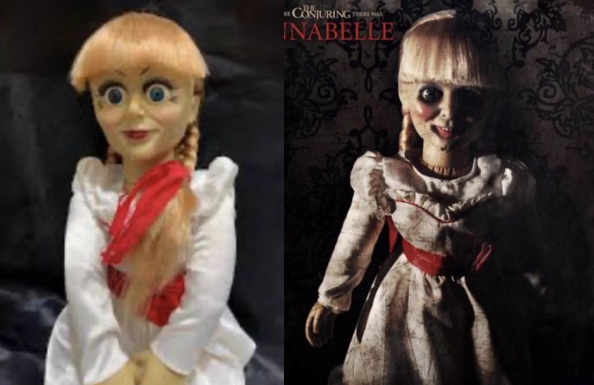 @KSUWABE メズコの死霊館アナベルの凄いプロップレプリカ人形…←左の実際に届いた商品は、顔が可愛いくて…ってオイッ！！ 