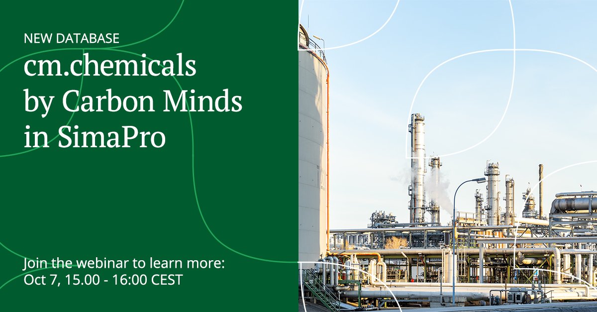 SimaPro (@simaproupdates) on Twitter photo WEBINAR | We team up with <a href="/CarbonMinds/">Carbon Minds</a> for a webinar dedicated to their #cmchemicals database, soon to be available for #SimaPro! Join us to learn more about this #LifeCycleInventory database for chemicals and plastics.
▌When: Oct 7, 15 CEST
▌Register: bit.ly/3COVQSv WEBINAR | We team up with <a href="/CarbonMinds/">Carbon Minds</a> for a webinar dedicated to their #cmchemicals database, soon to be available for #SimaPro! Join us to learn more about this #LifeCycleInventory database for chemicals and plastics.
▌When: Oct 7, 15 CEST
▌Register: bit.ly/3COVQSv