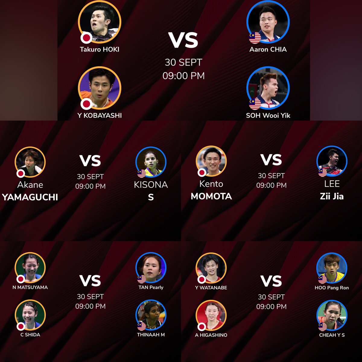 craigansibin's tweet photo. SUDIRMAN CUP 2021
🗓 30 Sep
📍Vantaa, Finland 🇫🇮
⏰ 9:00pm
📺 Astro Arena

Group Stage match
🇲🇾 vs. 🇯🇵 

✨Order of Play✨

MD: Aaron Chia/Soh Wooi Yik 
WS: S Kisona 
MS: Lee Zii Jia
WD: Pearly Tan/Thinaah M
XD: Hoo Pang Ron/Cheah Yee See

#BadmintonMalaysia #SudirmanCup2021 https://t.co/PudFJQC6Ih