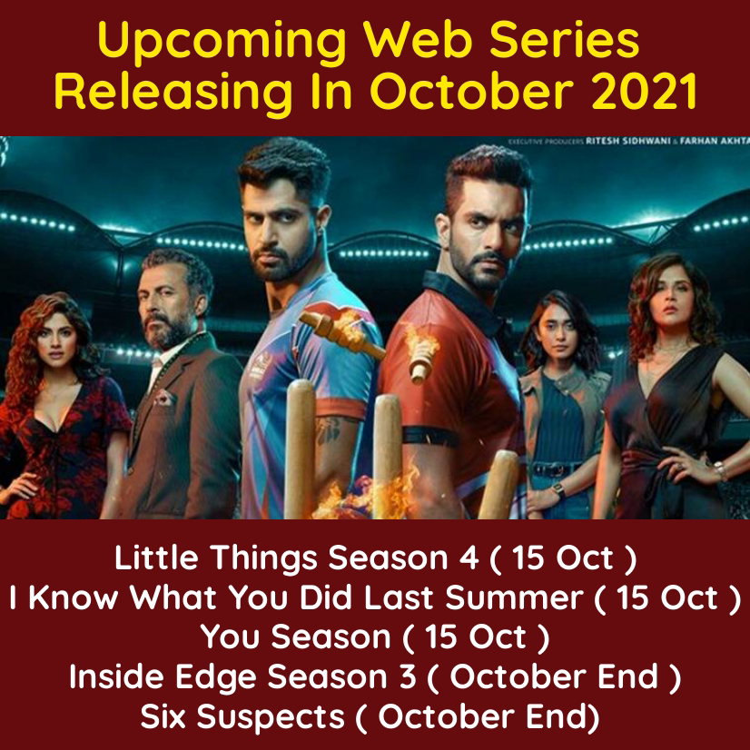 mytentaran's tweet photo. Upcoming Web Series Releasing In October 2021
#UpcomingWebSeries #WebSeries2020 #Webseries2021 #IndianWebseries #tentaran #YouSeason #Netflix #SixSuspects #RichaChadha #InsideEdgeSeason3 #VivekOberoi #PrimeVideo #LittleThingsSeason4 #MithilaPalkar #DhruvSehgal https://t.co/RHMcSU2Eyr