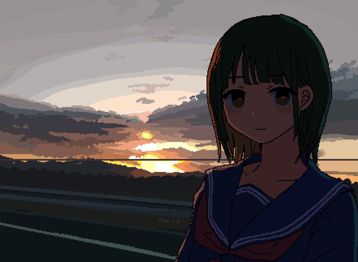 1girl solo school uniform serafuku sunset sky outdoors  illustration images