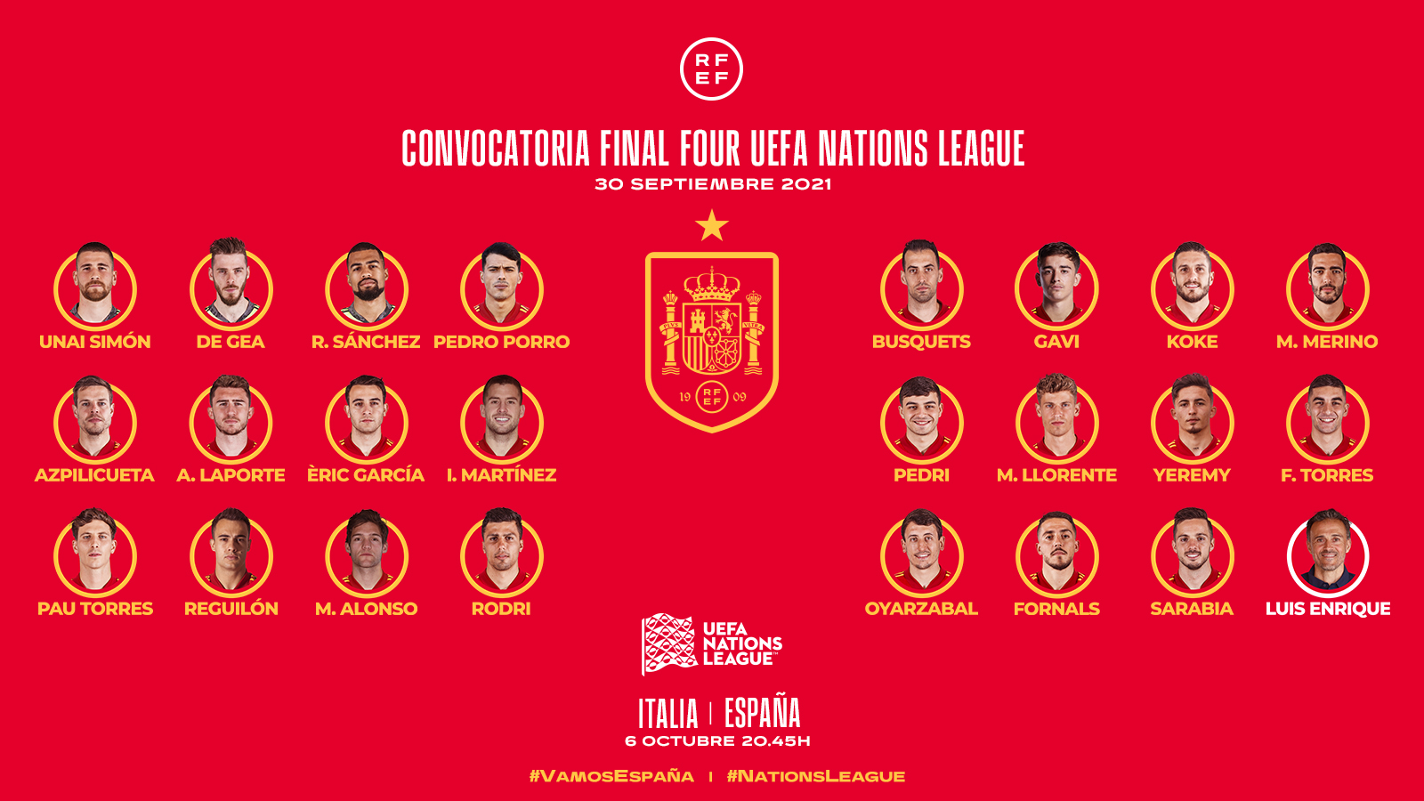 Selección Española de Fútbol on Twitter: "🚨 OFICIAL | ¡¡Estos son los elegidos por @LUISENRIQUE21!! 23 jugadores conforman la CONVOCATORIA del técnico asturiano la Final Four de la #NationsLeague. 🆚 La @
