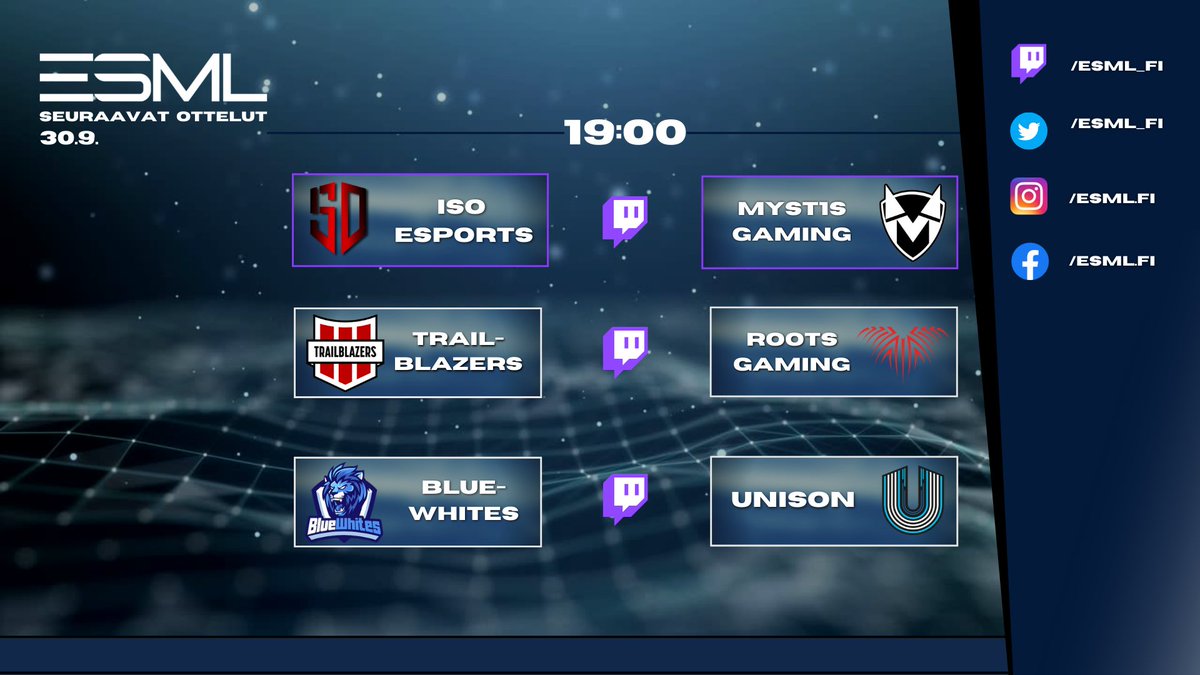 Viikko kuusi jatkuu 🔥 Tänään kaikista matseista striimit 📺

⏰ 19:00
📺 twitch.tv/esml_fi
@EsportsISO VS <a href="/Myst1sGaming/">Myst1s Gaming</a>

📺 twitch.tv/rootsgamingcs
<a href="/FI_Trailblazers/">Trailblazers esports</a> VS <a href="/RootsGaming1/">Roots Gaming</a>

📺 twitch.tv/esml_fi2
<a href="/BlueWhites/">BlueWhites</a> VS <a href="/UNISONWIN/">UNISON</a>

#esml #csgofi #esportsfi