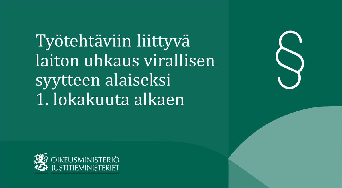 Laittomasta uhkauksesta tulee huomenna virallisen syytteen alainen rikos, kun uhkaus kohdistuu henkilöön hänen työtehtävänsä tai julkisen luottamustehtävänsä vuoksi. Lainmuutos tehostaa puuttumista maalittamiseen ja muuhun laittomaan uhkailuun.
👉 oikeusministerio.fi/-/esitys-tyote…