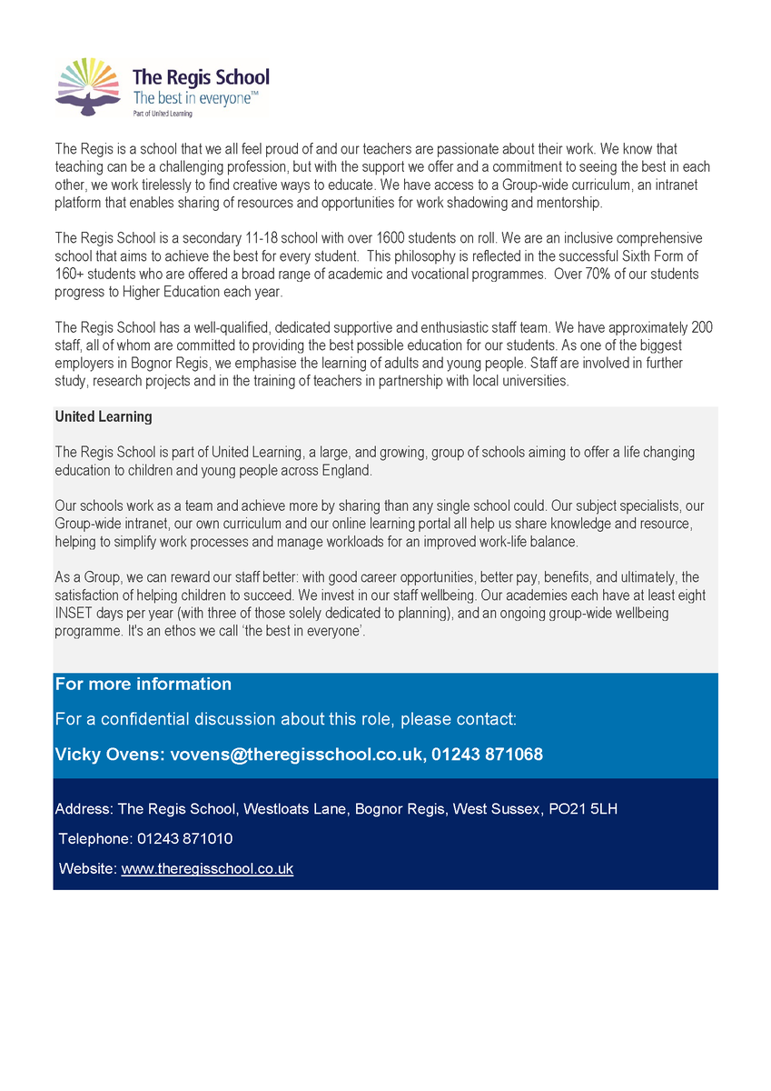 Assistant Principal Vacancy - Due to a current senior leader retiring, we are seeking to appoint an inspirational practitioner with whole school leadership experience to join our Senior Leadership team.  
Closing date: 11th October 9am
Read more below.
theregisschool.co.uk/working-for-us…