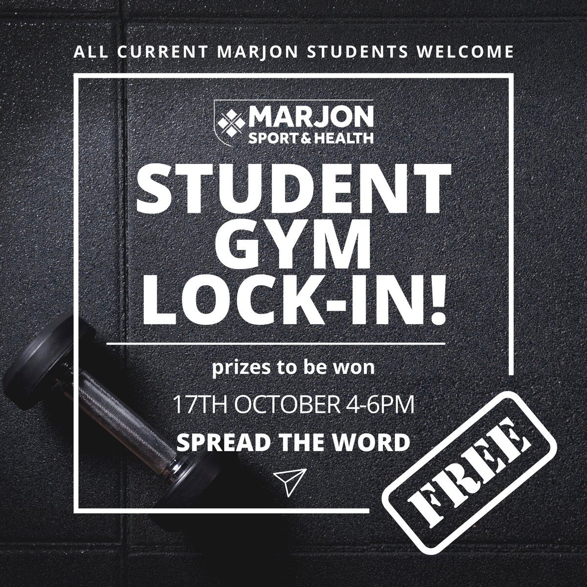 CALLING ALL MARJON STUDENTS
Join our lock-in event on Sunday 17 October. Train in the gym for free. All you have to bring is yourself, suitable gym attire and your Marjon student card
Competitions to be held during the event for the opportunity to win prizes
RT to spread the word