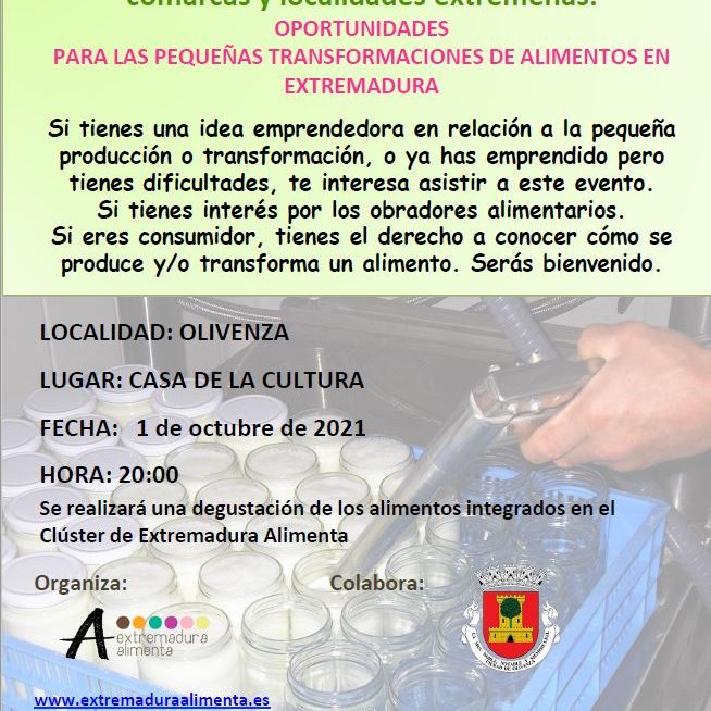 ¡Mañana estaremos en Olivenza!
Si tienes una idea emprendedora, si te interesan los obradores compartidos o simplemente quieres conocer alimentos de cercanía y saludables, te esperamos en la casa de la cultura a las 20:30 horas. 
¡Te esperamos!
