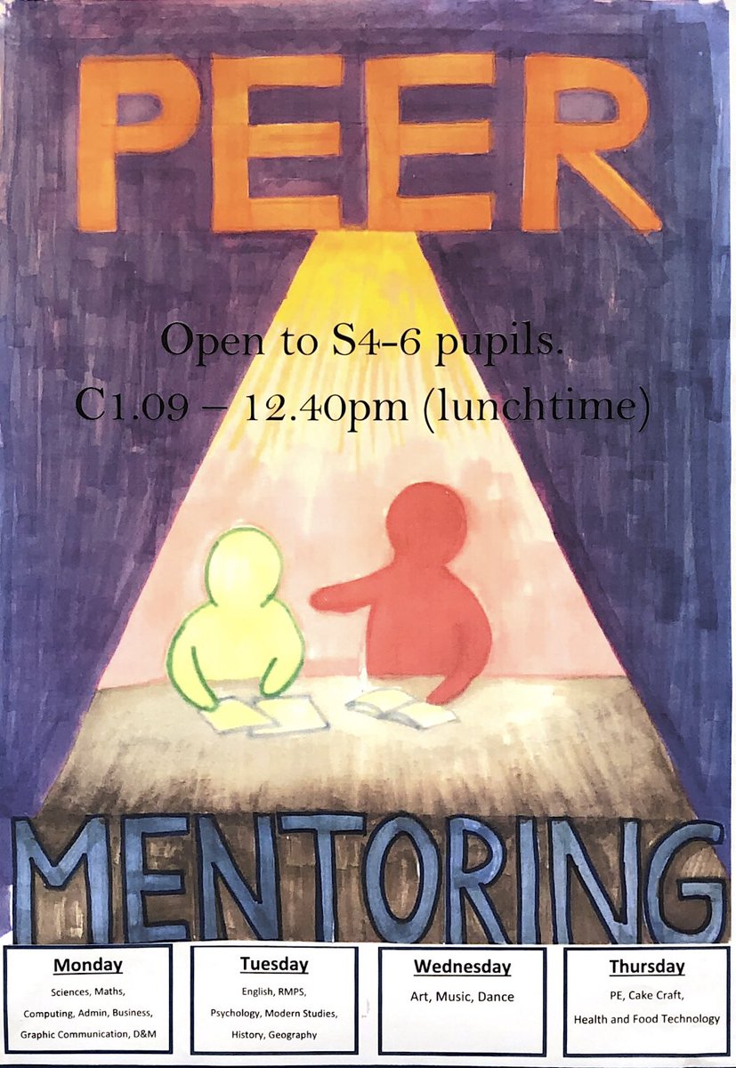 📚👥 Peer Tutoring 👥📚

This will be for S4-6 pupils who want some extra support with their studies. Our S6 pupils will be on hand to provide support with homework, recap topics, help with past paper questions and can provide tips on how to study for a particular subject.