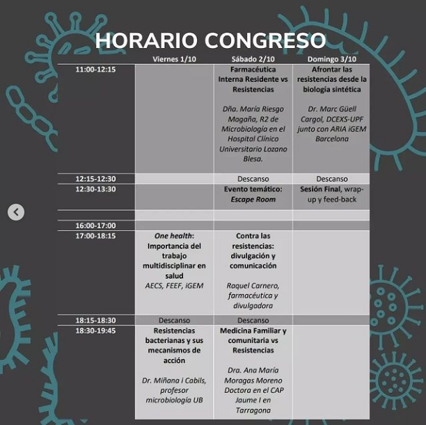 Aquest cap de setmana un grup d'estudiants  de l'equip <a href="/igemBarcelona/">ARIA iGEM Team</a> de la UPF, conjuntament amb <a href="/AECScatalonia/">AECS</a> i <a href="/FEEF_SPAIN/">FEEF</a>, organitzen un congrés sobre la resistència als antibiòtics.

S'adreça a estudiants i graduats en Ciències de la Salut
👉 bit.ly/3okNH41