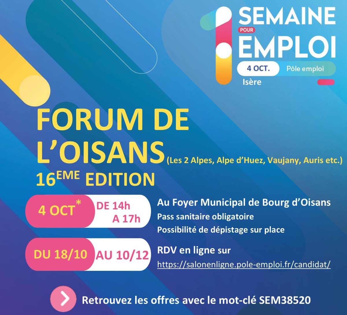 Vous recherchez dans la restauration ou l’hôtellerie ? Plus de 120 postes et 40 entreprises ➡️ dans le cadre de la 16ème édition du forum de l’Oisans le 4 octobre de 14h à 17h #1semainepour1emploi. Pôle emploi et ses équipes se mobilisent à vos côtés ! @IserePole @poleemploi_ara