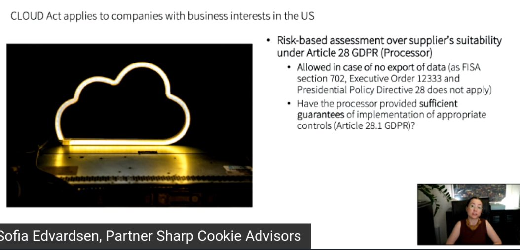IDCNordic's tweet photo. "Cloud Act" do not necessarily block the use of US cloud technology - key is whether data can be accessed - @sofia_edvardsen from @sharpcookieadv at the IDC Security Roadshow 🇸🇪 #IDCSecurity https://t.co/EcXM8NlMHo