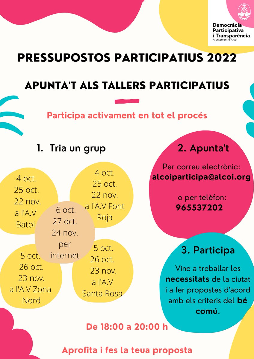 📣Seguim amb la recollida de propostes per als Pressupostos Participatius #Alcoi 2022
Pots dirigir-te a les urnes i fer les teues propostes.

També pots fer-les mitjançant els tallers participatius; Tria un grup de l'última foto.

Propostes en línia ací👇
alcoiparticipa.com/.../aportacio-…