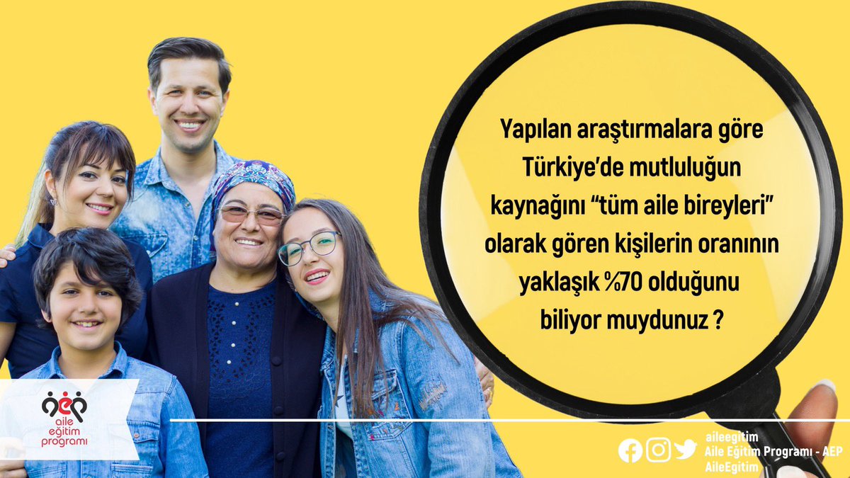 Aile Eğitim Programı (@aileegitim) on Twitter photo Yapılan araştırmalara göre Türkiye’de mutluluğun kaynağını “tüm #aile bireyleri” olarak gören kişilerin oranının yaklaşık %70 olduğunu biliyor muydunuz ?
<a href="/tcailesosyal/">T.C. Aile ve Sosyal Hizmetler Bakanlığı</a> <a href="/deryayanikashb/">Derya Yanık</a> <a href="/kubrayigitbasi/">Doç. Dr. Kübra Güran Yiğitbaşı</a> <a href="/olgun_gunduz/">Olgun Gündüz 🇹🇷 🇹🇷</a> Yapılan araştırmalara göre Türkiye’de mutluluğun kaynağını “tüm #aile bireyleri” olarak gören kişilerin oranının yaklaşık %70 olduğunu biliyor muydunuz ?
<a href="/tcailesosyal/">T.C. Aile ve Sosyal Hizmetler Bakanlığı</a> <a href="/deryayanikashb/">Derya Yanık</a> <a href="/kubrayigitbasi/">Doç. Dr. Kübra Güran Yiğitbaşı</a> <a href="/olgun_gunduz/">Olgun Gündüz 🇹🇷 🇹🇷</a>