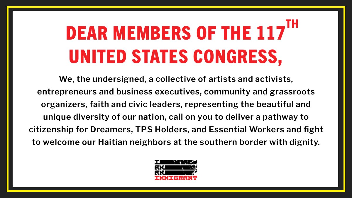 NEW: <a href="/UzoAduba/">Uzo Aduba</a>, <a href="/Lin_Manuel/">Lin-Manuel Miranda</a>, and <a href="/ddlovato/">Demi Lovato</a> join artists and celebrities on a letter telling Congress to deliver a path to citizenship and welcome our Haitian neighbors at the southern border with dignity!

Read their statement: iamanimmigrant.com/artist-letter/ #IStandWithImmigrants