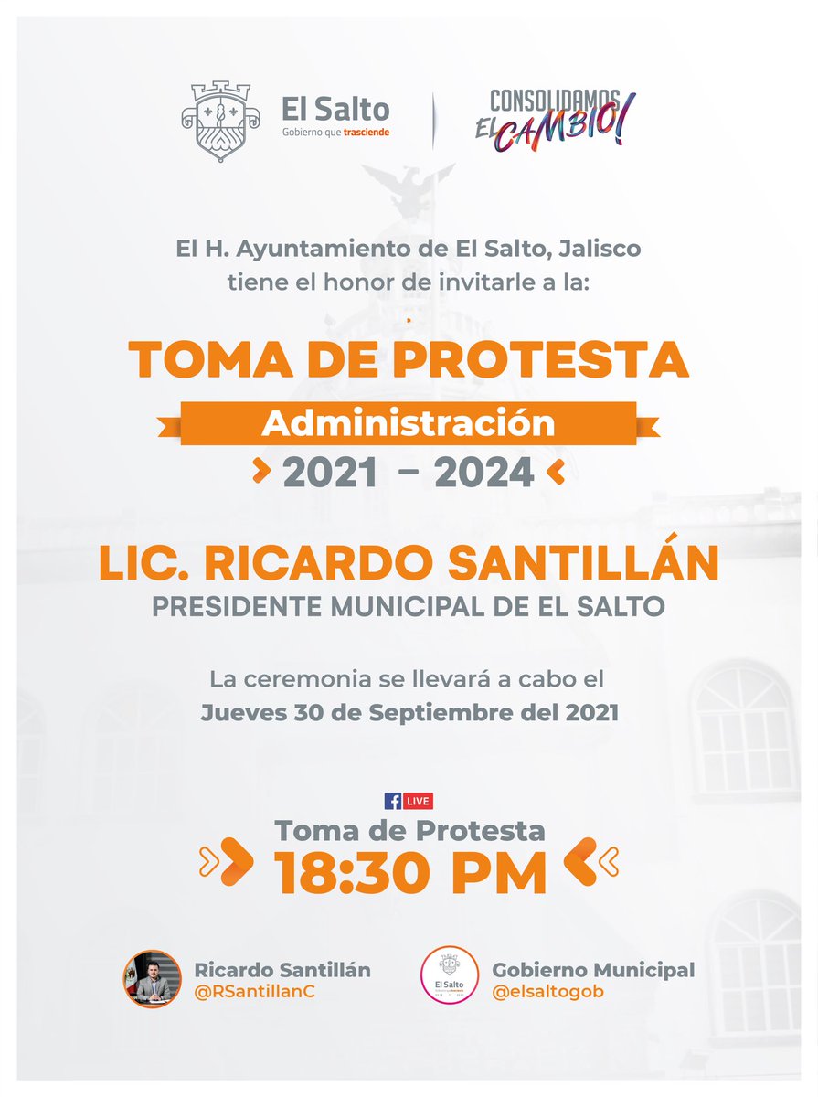 Ricardo Santillán (@rsantillancts) on Twitter photo Hoy será un gran día para nuestro municipio. Te invito a que nos acompañes en punto de las 6:30 pm a la transmisión en vivo de la sesión solemne de Toma de Protesta de la administración 2021-2024.
Síguenos a través de las redes sociales del <a href="/ElSaltoGob/">Gobierno Municipal El Salto</a> Hoy será un gran día para nuestro municipio. Te invito a que nos acompañes en punto de las 6:30 pm a la transmisión en vivo de la sesión solemne de Toma de Protesta de la administración 2021-2024.
Síguenos a través de las redes sociales del <a href="/ElSaltoGob/">Gobierno Municipal El Salto</a>