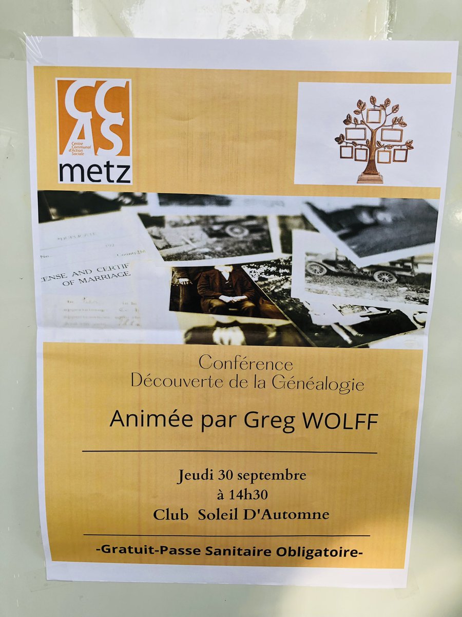 gwolf's tweet photo. Conférence très sympathique que j’ai eu plaisir à animer pour le CCAS de la @MairiedeMetz : il paraît que j’ai l’accent du #Bitcherland quand je parle #genealogie ! #genealogistefamilialprofessionnel #Moselle @MoselleCD57 https://t.co/AhcS6SNWPB