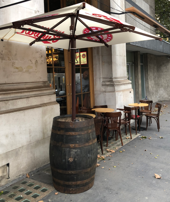 First of the barrels in place complete with @BudvarUK  umbrella. #gotyoucovered