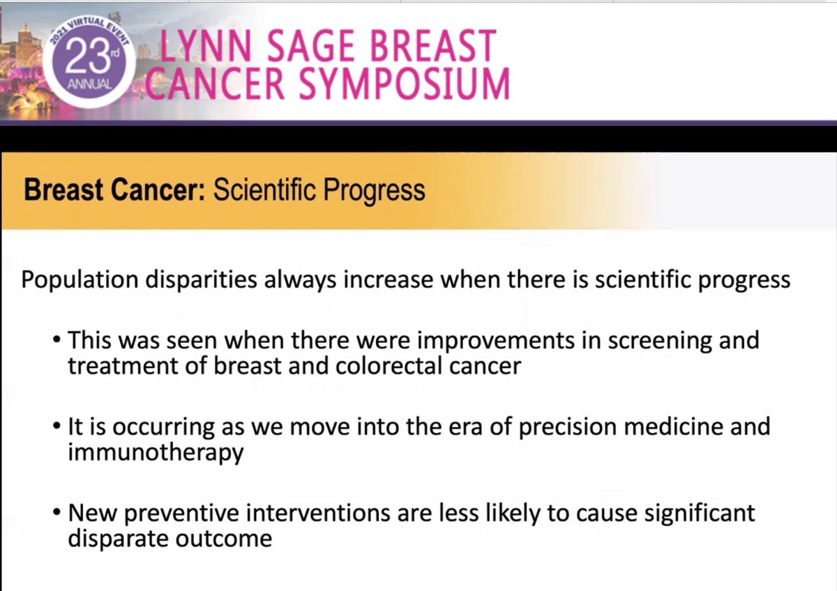 LurieCancer's tweet photo. “Sometimes scientific progress increases disparities. . .we have to be equally committed to interventions that reduce disparities” in cancer care. @DrRobWinn @VCUMassey discusses #breastcancer #disparities during a pandemic and strategies for moving forward. #LSBC21 #bcsm https://t.co/qWsyKmKSEB