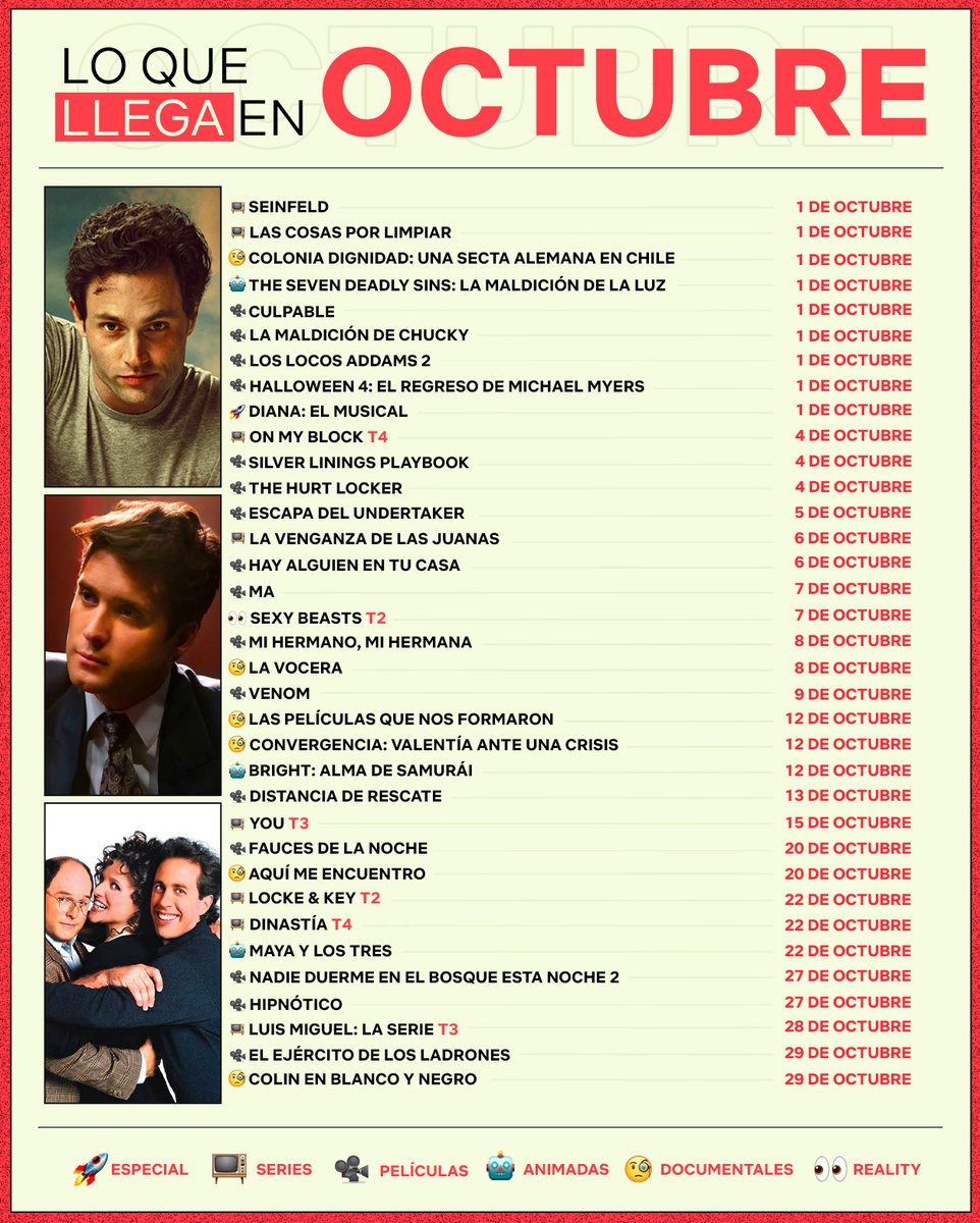 NetflixLAT's tweet photo. ¡Octubreee! Llega con Seinfeld, You, Luis Miguel, más series, más estrenos y más maratones. 🤩 🍿 https://t.co/LLztX0KHU9