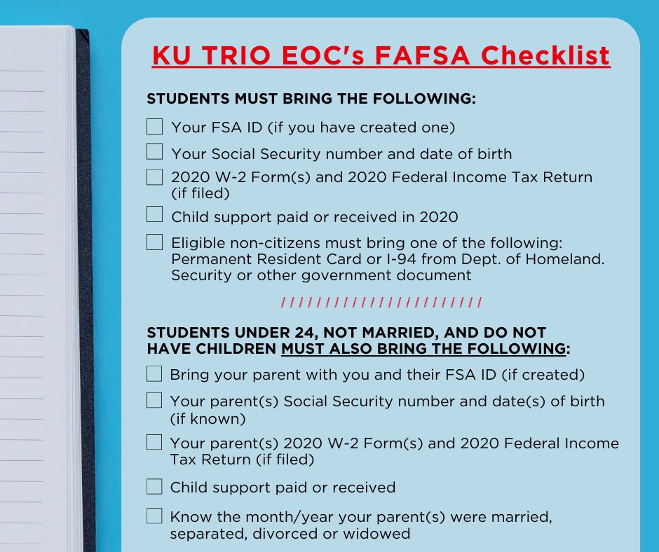Take a screenshot, get your notebook out, or share this post because the #FAFSA opens tomorrow, and here is our list of what you need to complete it!

Want free assistance completing the FAFSA? Contact KU TRIO EOC, we're here to help you.

#TRIOworks