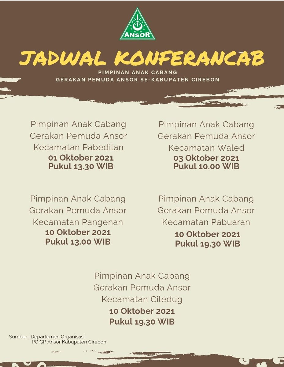 Jadwal Konferancab Pimpinan Anak Cabang GP Ansor Se-Kabupaten Cirebon.