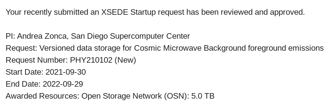andreazonca's tweet photo. Thanks @XSEDE! Got a 5TB allocation on @OpenStorageNet for hosting versioned #PySM data for #CMB-related simulations. https://t.co/ncNMQeASvl