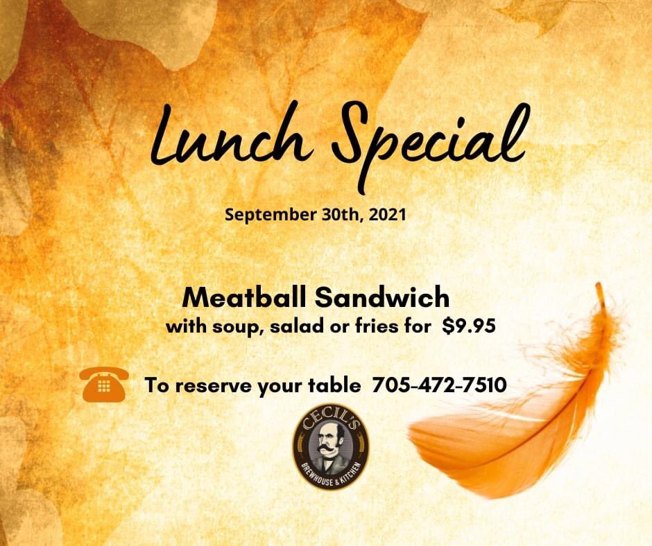 CecilsBrewhouse's tweet photo. Lunch special is up...at tasty Meatball Sandwich!
#NationalDayforTruthAndReconciliation #everychildmatters #orangeshirtday๐งก
#craftbeer #primeribweekends https://t.co/6giiXwsxSQ