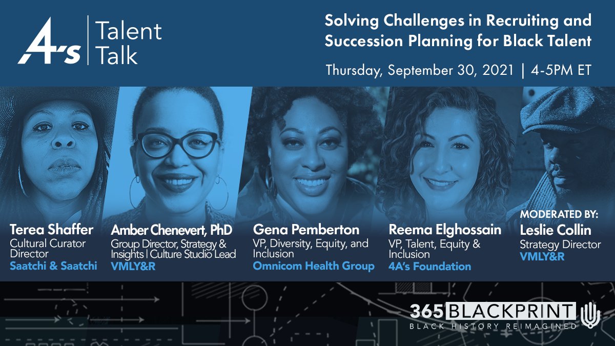 Join us today at <a href="/4As/">4A's</a> Talent Talk where VMLY&amp;R’s <a href="/LeslieCollin/">Leslie Collin</a>, Strategy Director, and <a href="/AskDrC_PhD/">Amber Chenevert</a>, Group Director, Strategy &amp; Insights | Culture Studio Lead, will talk recruiting and succession planning for black talent. Register: bit.ly/3omMOIg.