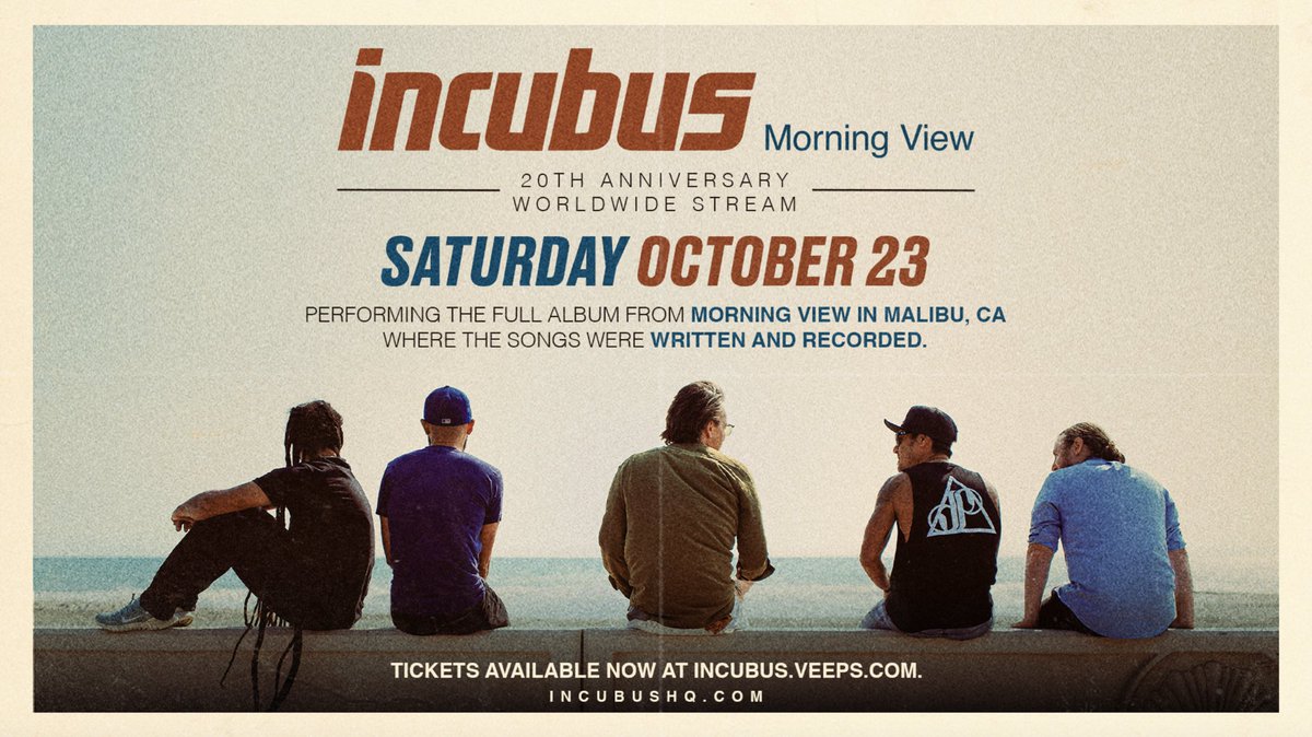 IncubusBand's tweet image. Celebrate the 20th anniversary of Morning View w/ us as we perform the album in its entirety on October 23rd, from Morning View in Malibu, CA.  Go to Incubus.Veeps.com to get your tickets for the stream and be a part of this special event!