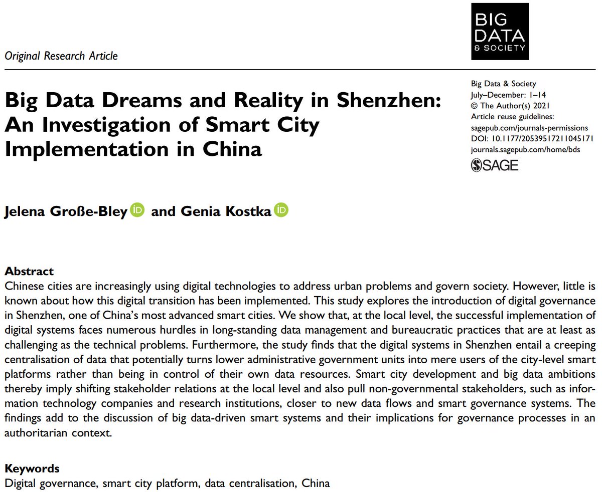 BigDataSoc's tweet photo. New article 🏙️ 'Big Data Dreams and Reality in Shenzhen: An Investigation of Smart City Implementation in China' by Jelena Große-Bley and Genia Kostka. Check it out: https://t.co/jATaWmDIm8 #digitalgovernance #smartcity #datacentralisation https://t.co/D1JWudUtnR