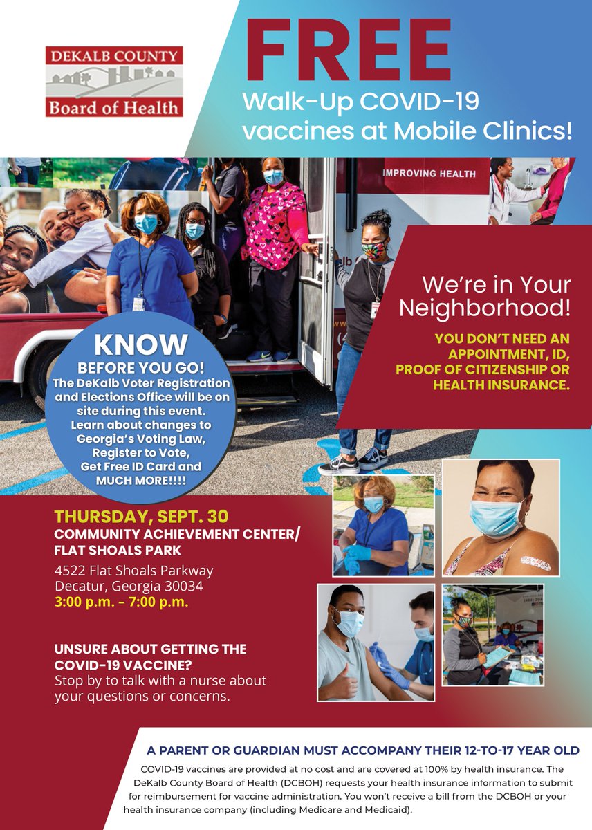 LouWalkerCenter's tweet photo. Join us tonight from 3PM-7PM at the Community Achievement Center on Flat Shoals Parkway and get your free shot! No appointment, ID, proof of citizenship or health insurance. Just show up! #CancelCovid  #COVID19Vaccine #GetVaccinated, #HealingStartsHere #itsindekalb https://t.co/J65Ar8Gd4A