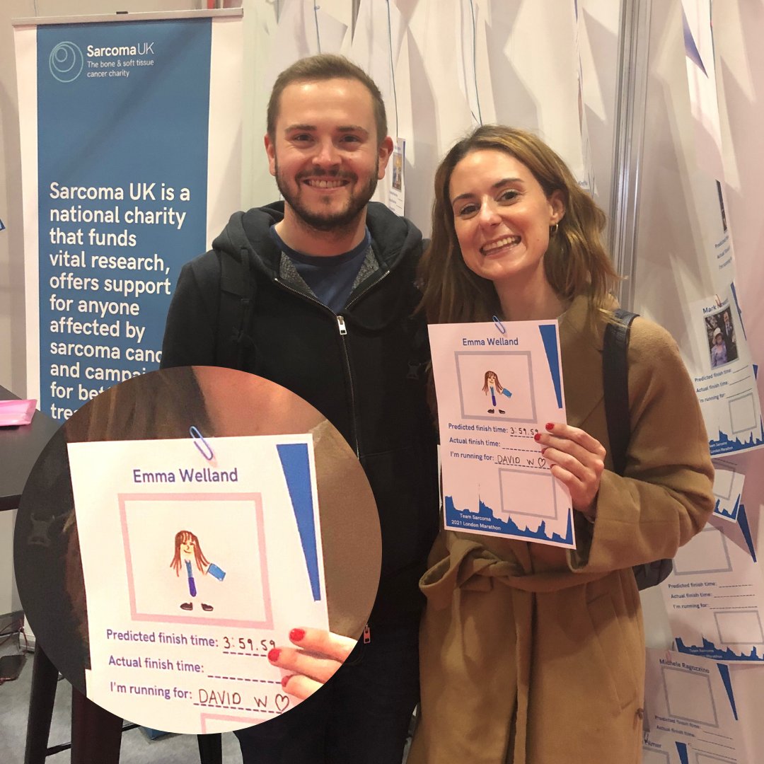 Lovely to meet Emma and Mike at the @LondonMarathon #RunningShow just now. 

(Additional marks for Mike's stunning portrait of Emma  - uncanny likeness! :D ) 

We're at stall 604 if any more #TeamSarcoma champions fancy popping by with your art!