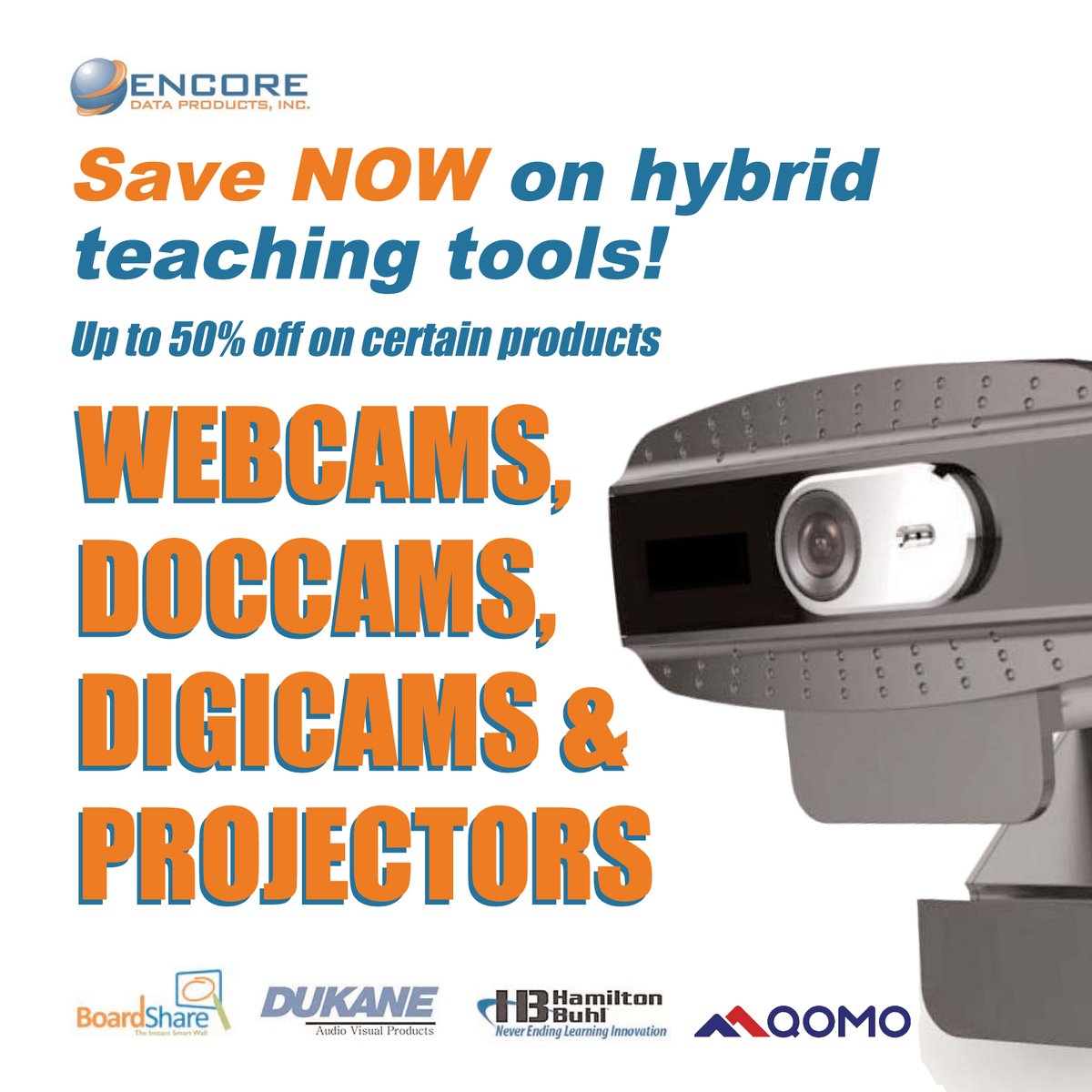 Webcams, Doccams, Digicams, Projectors - SAVE 50% on certain presentation &amp; display hybrid teaching tools. Visit Encore Data Products at encoredataproducts.com/presentation-d…. #edtechtools #edtechchat #k12schools #webcams #documentcameras #digitalcameras #digitalprojectors