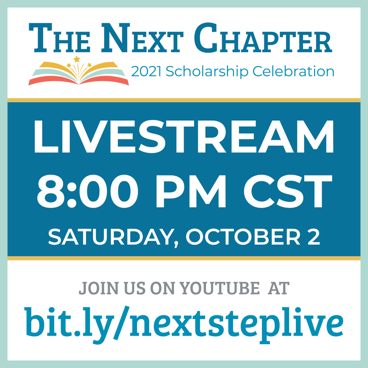 thenextstepstl's tweet photo. Yes, we will be livestreaming the program portion of the Scholarship Celebration on Saturday evening, beginning at 8:00 pm CST. Simply go to our YouTube channel at https://t.co/0ClRUbdFkz to watch our inspiring student stories! https://t.co/ECkH7yq9TU