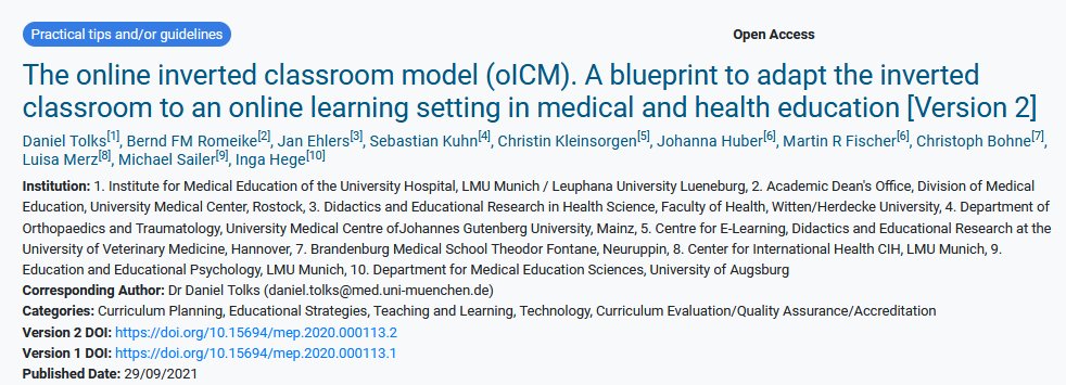 Fresh from the (digital) press! Our revised paper on how to apply the inverted classroom model to online teaching in medical and health education was finally published in <a href="/MedEdPublish/">MedEdPublish</a> 
shorturl.at/joyUY
#icm #MedEd #MedTwitter #twittercampus 
#digitalturn <a href="/AMEE_Online/">AMEE Online</a>