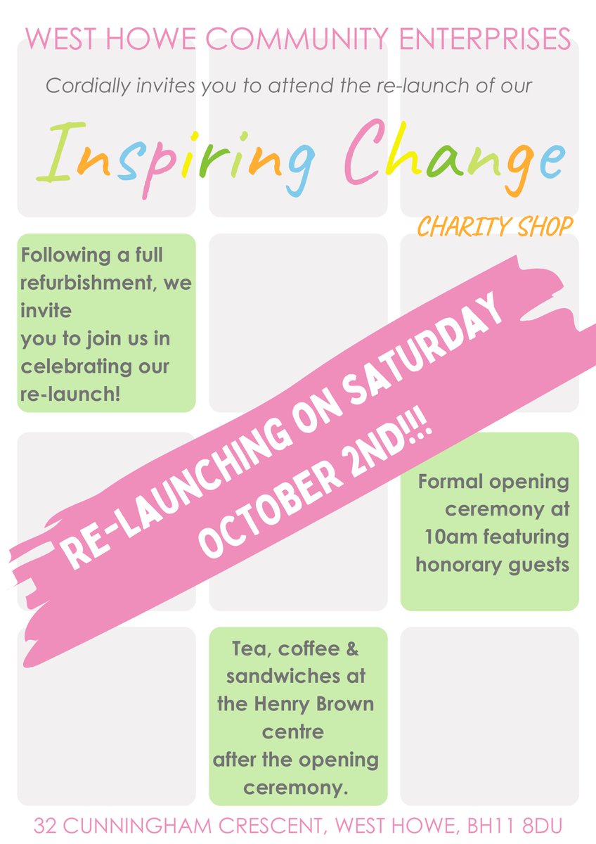 This Saturday, October 2nd, we have the official re-launch of our Inspiring Change charity shop! Come along at 10am for the ribbon cutting, followed by sandwiches at the Henry Brown centre!
#WestHowe #Bournemouth #ThursdayThoughts