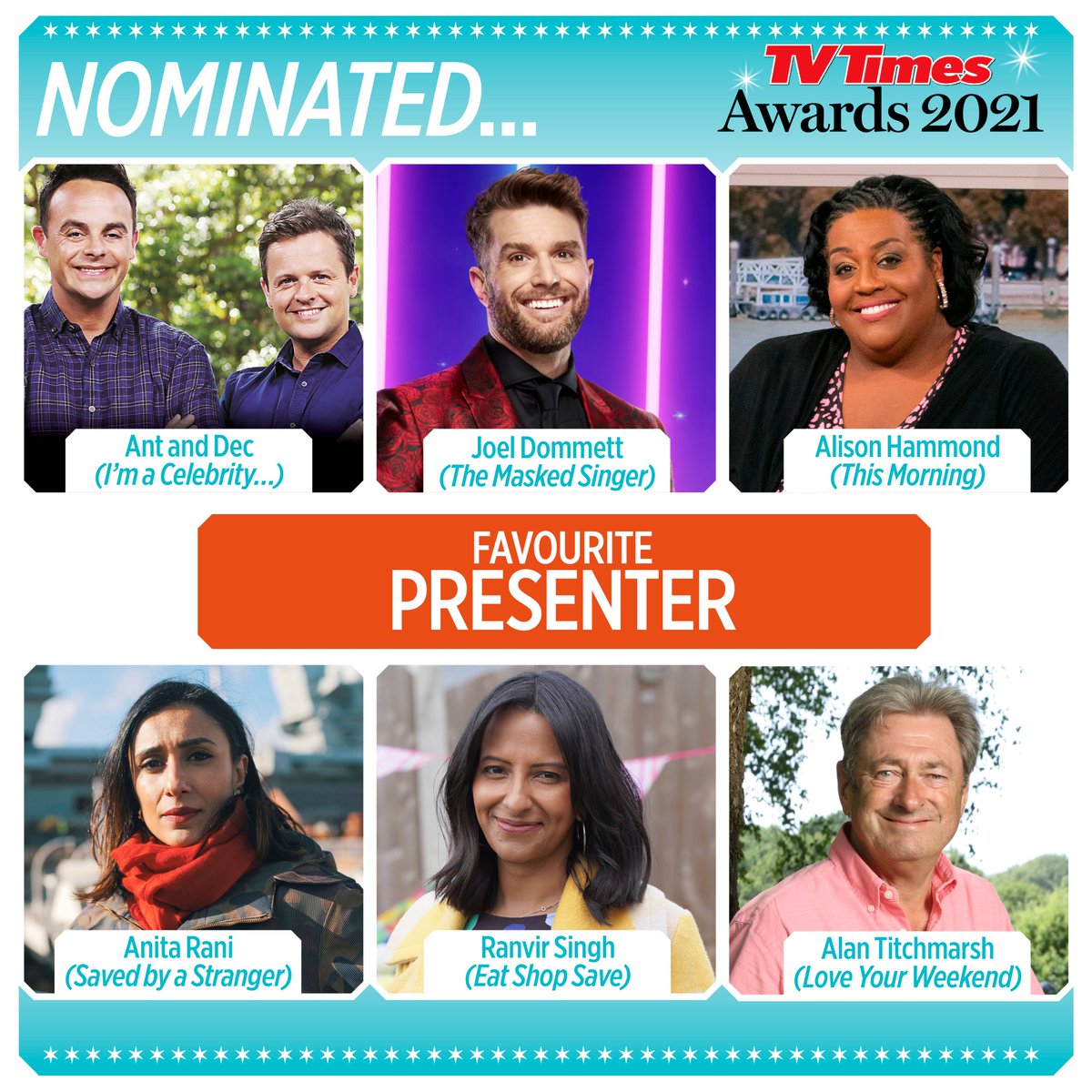 tvtimesmagazine's tweet photo. Congratulations to all the nominees for #FavouritePresenter at the #TVTimesAwards2021! @antanddec @joeldommett @AlisonHammond @itsanitarani @ranvir01 @TitchmarshShow - who's your host with the most? Let us know! https://t.co/QHOhSCL6kI https://t.co/oW9OUbl9l8