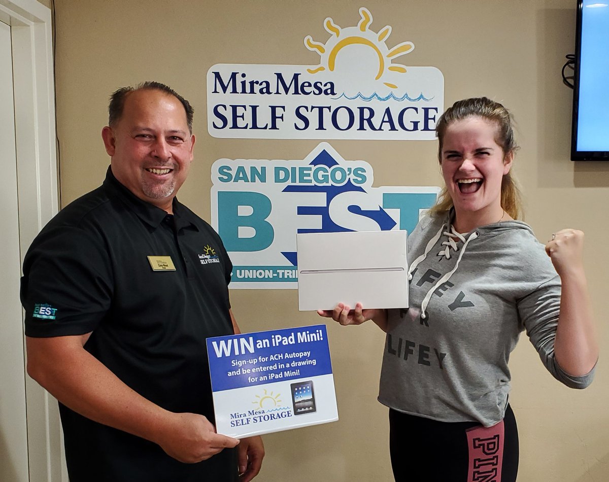 SMMiniStorage's tweet image. Congratulations to Stephanie Fatigato, our 2021 winner of our iPad Mini giveaway! Make sure you sign-up for ACH Autopay to be entered into future drawings. 📱👏🏼