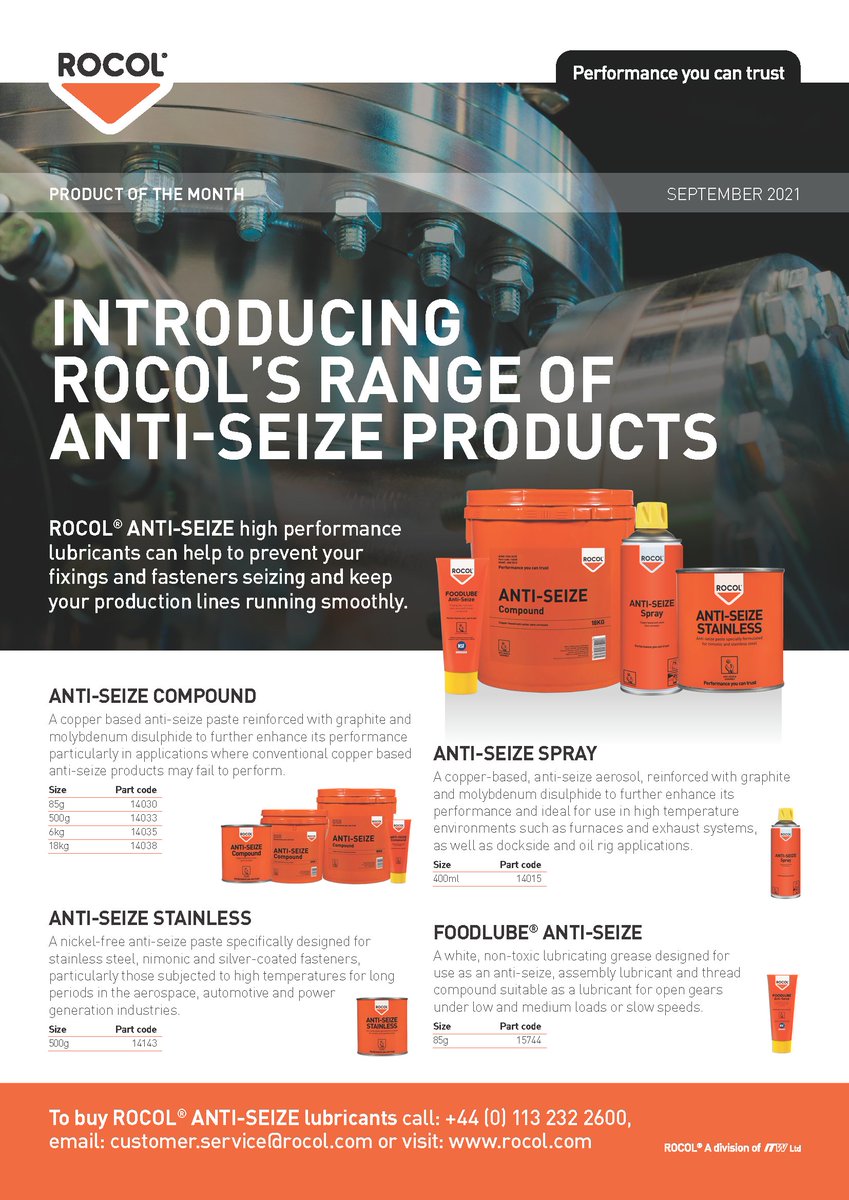 rocol's tweet photo. Designed for use as an anti-seize lubricant, ROCOL's FOODLUBE Anti-Seize is suitable for open gears under low/medium loads or slow speeds!
Discover what else the NSF H1 grease is designed for… https://t.co/bnAgpx6NoE
#antiseize #threadcompound #foodprocessing https://t.co/LwRELdJr5x
