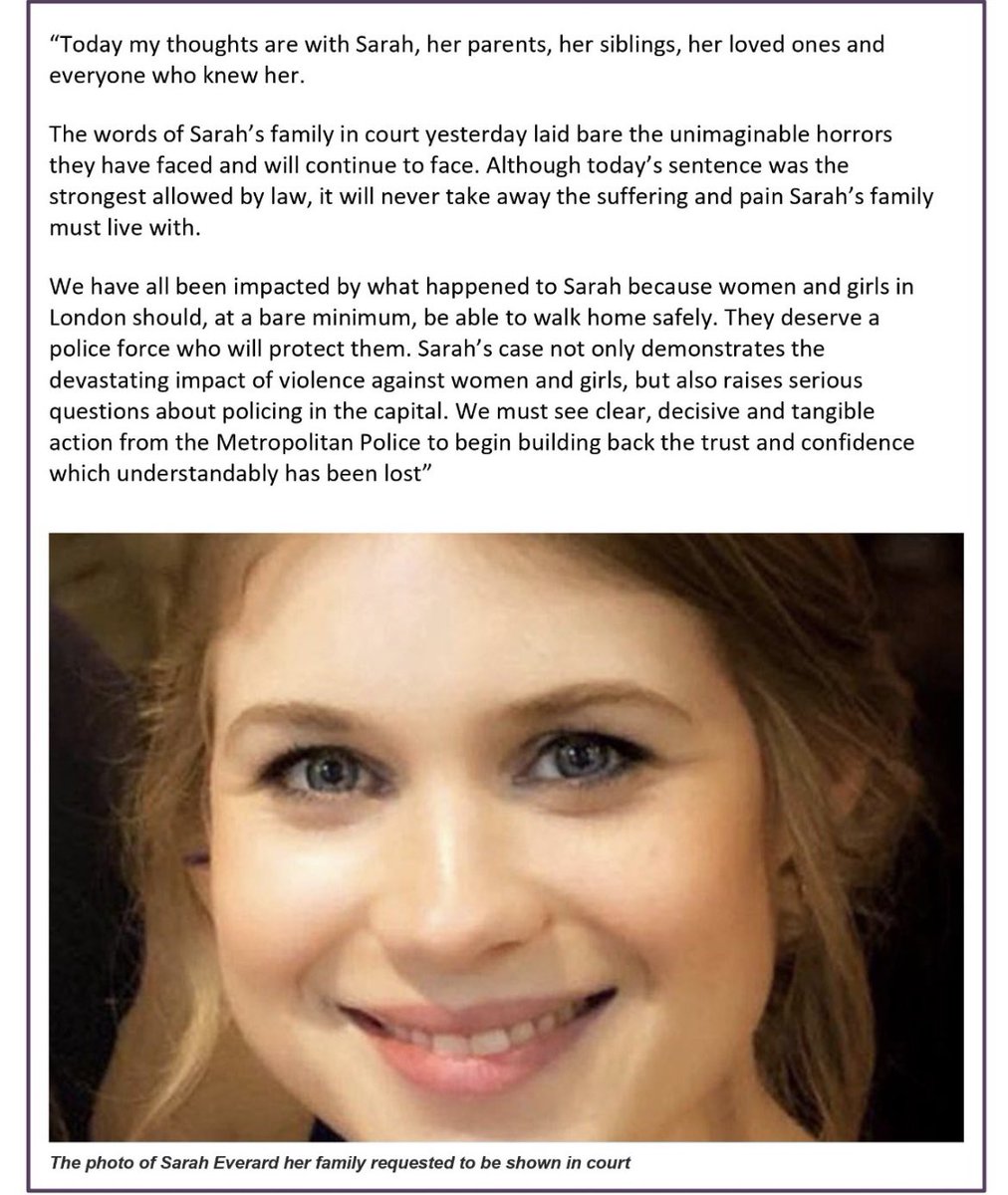 My response to today’s sentencing. My thoughts with Sarah’s family &amp; loved ones. There is urgent work to be done to restore trust &amp; confidence in Met Police.