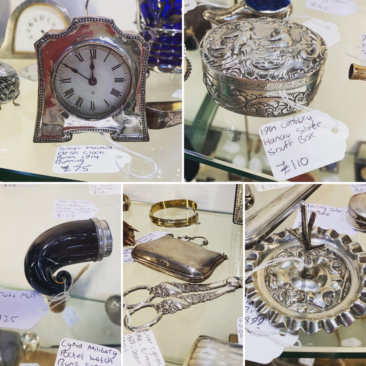 astraantiques's tweet image. Pretty silver bits…… #silver #antiquesilver #silverclock #birminghamsilver #snuffmull #snuffbox #silvergrapescissors #londonsilver #astraantiquescentre #hemswell #lincolnshire