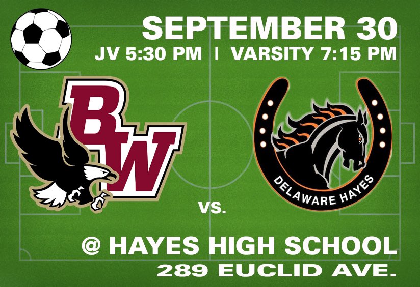 📅￼: Thursday, September 30
￼⏰: 7:15pm
🆚￼: <a href="/HayesSoccer/">Hayes Soccer</a> 🐴
📍￼: 289 Euclid Ave., Delaware, OH 43015
🎟￼: $7, cash only at gate