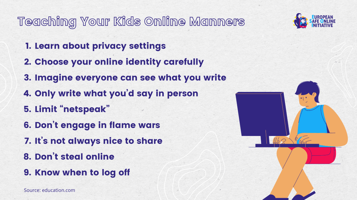 SafeonlineEU's tweet photo. 💻 Being a good #cyber citizen is absolutely critical in our #digital age

👧🧑 Teaching #internetsafety lessons to children should be one of our top concerns

Read more here: https://t.co/eNb6c1uSA4

#ESOI #SafeOnline https://t.co/Pz3Y7jMcHY