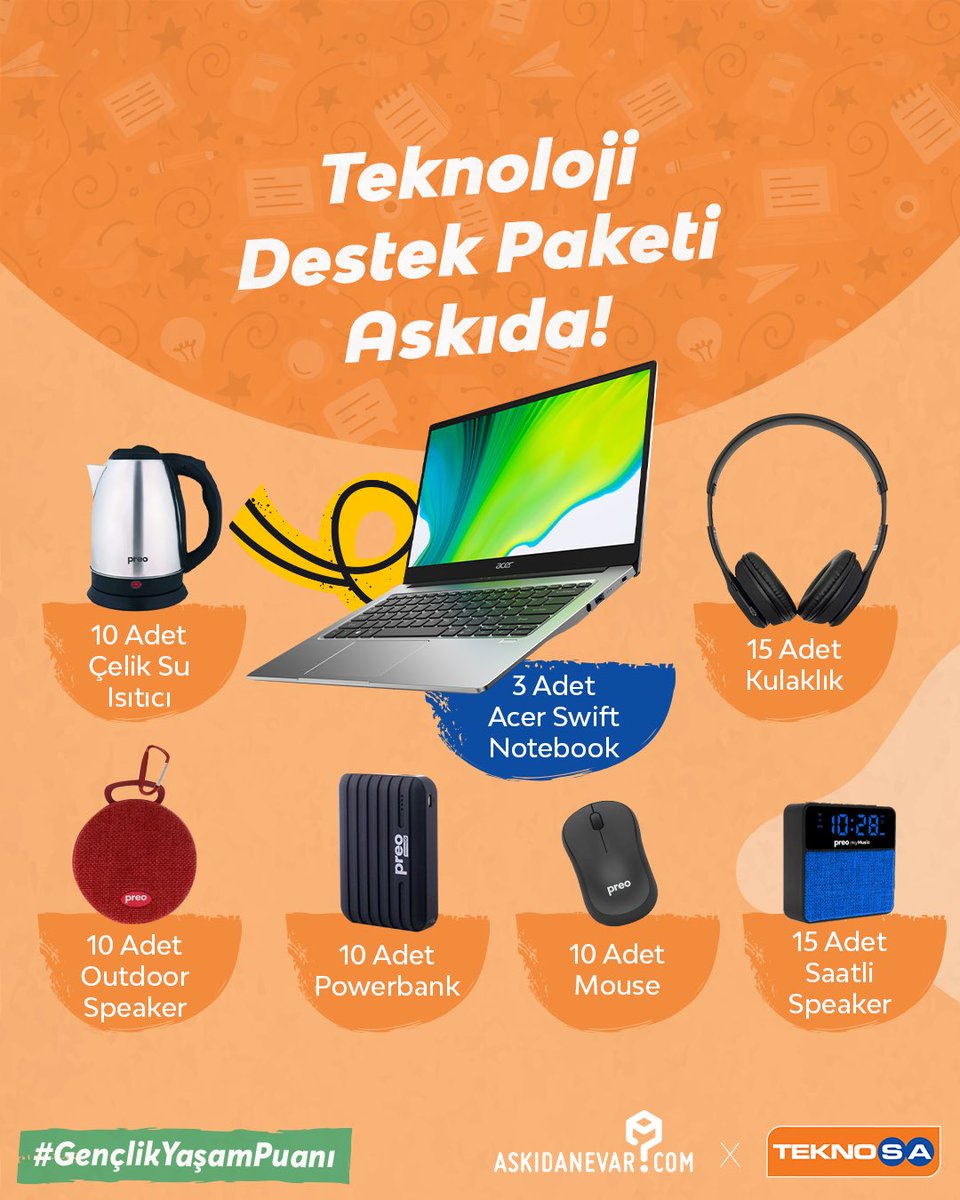 #GençlikYaşamPuanı kampanyamızın ilk destekçisi <a href="/Teknosa/">Teknosa</a> askıya Teknoloji Destek Paketi bıraktı! Askıdan almak için, bu tweet’i RT’le ve <a href="/Teknosa/">Teknosa</a> &amp; <a href="/askidanevar/">Askıda Ne Var</a> hesaplarını takip et. 🧡
