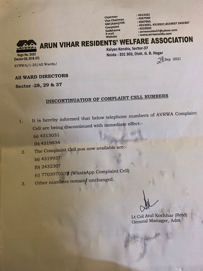 AVRWA37's tweet photo. September 28, 2021. Active AVRWA Complaint Cell's numbers are: 4319937 &amp; 2432307. @WhatsApp number: 7703970537. For details, please go through the attached notification: AVRWA/1-25/All Wards/  issued by Lt Col Atul Kocchar (Retd), GMA, AVRWA. https://t.co/AROECoKJJo