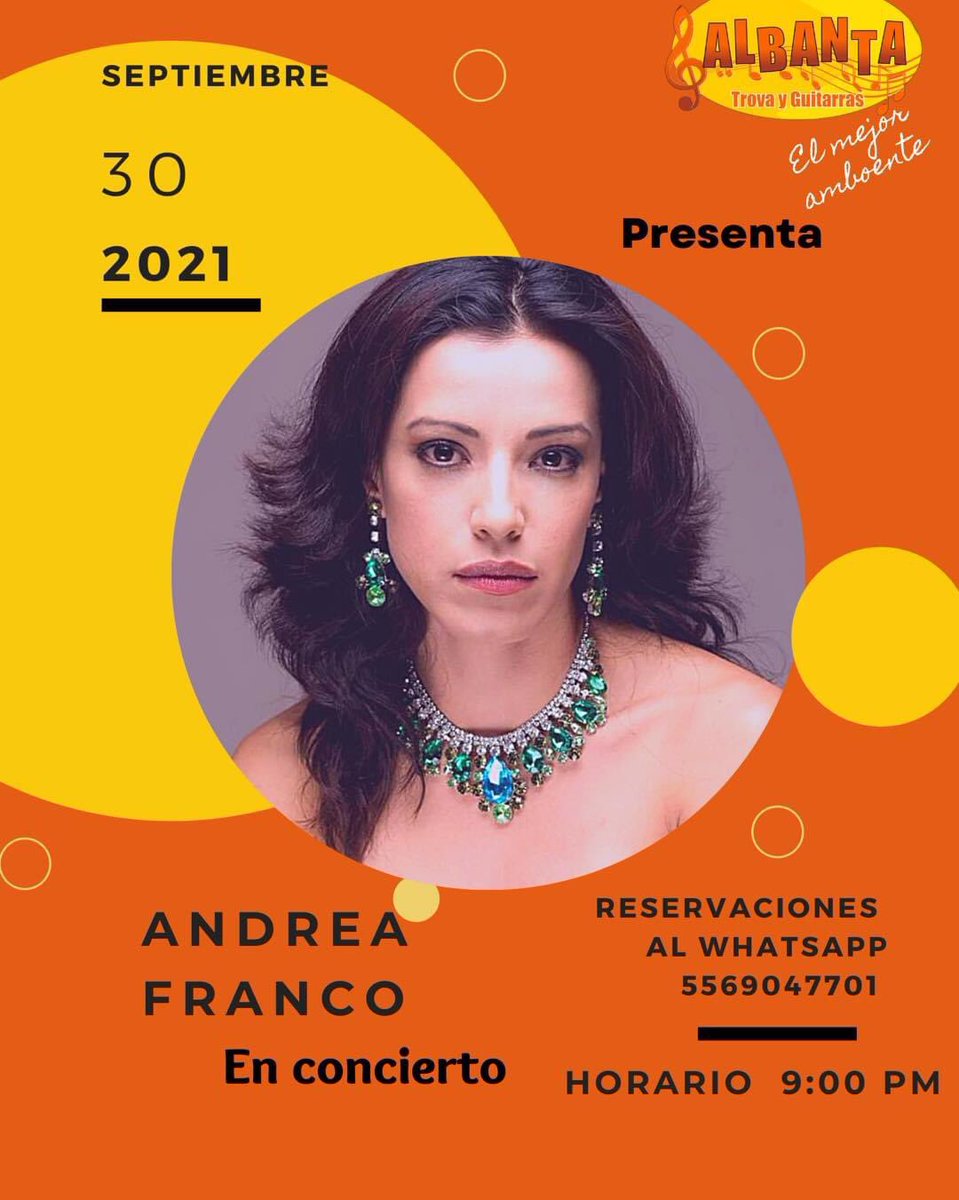 HOY #AndreaFranco en concierto en #Albanta 

No te lo pierdas. 

Ven a pasarla bien con nosotros en Albanta. 

#Trova #MúsicaEnVivo #ElMejorAmbiente 
<a href="/CHEMARGUEZ/">Chema Rodríguez Trova</a> <a href="/mcaballero076/">Mario Caballero</a> <a href="/RM_cantautor/">RMontesCantautor</a>
