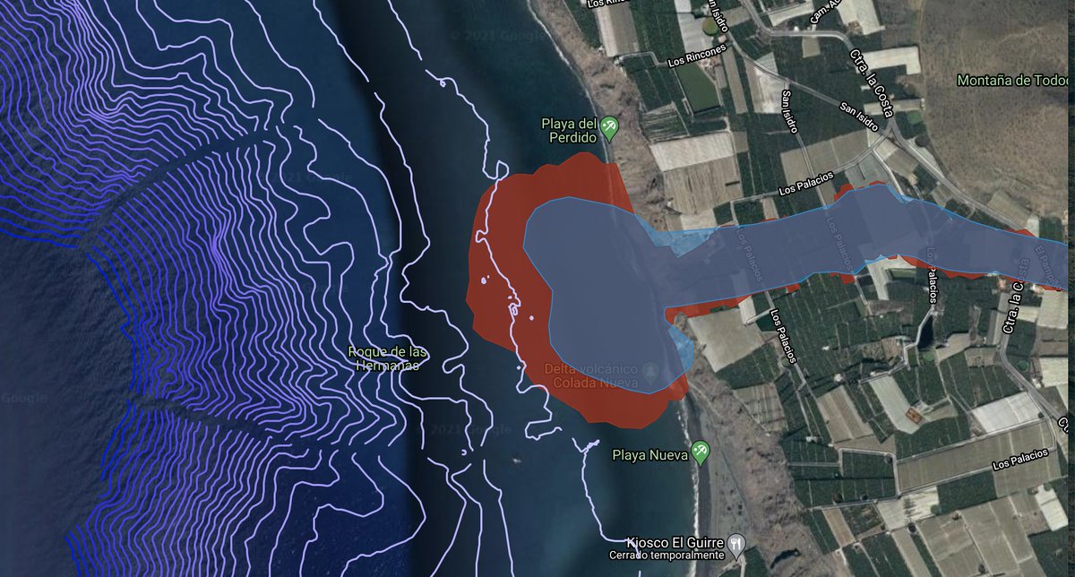UdriGeo's tweet photo. Nueva actualización del  
@CabLaPalma con fotos de dron (increíble la imagen). Sobre la batimetría se intuye que seguramente la máxima extensión se dará sobre los -15 a -20mbsl ya  que las lavas que puedan llegar más lejos sufrirían procesos de talud
#volcanlapalma #geology https://t.co/NzhbZOXso1