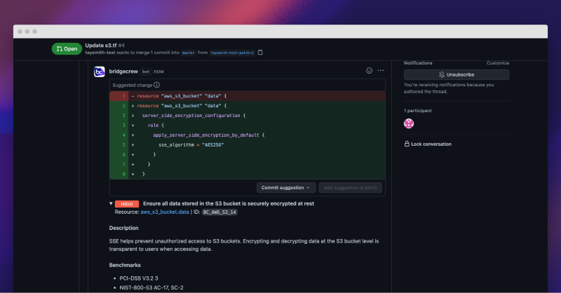 bridgecrewio's tweet photo. Supercharge GitHub with IaC security pull request comments and fix suggestions 🔋