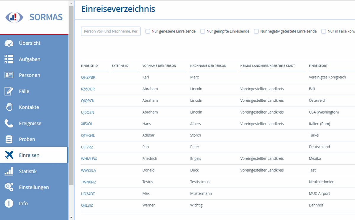 In der #SORMAS Demoversion kann ab sofort das Einreisemodul getestet werden! Das Einreisemodul bietet eine Übersicht, über alle Personen, die nach Deutschland einreisen mit vielen verschiedenen Filtermöglichkeiten. Jetzt ausprobieren unter sormas-oegd.de/demoversion-di…